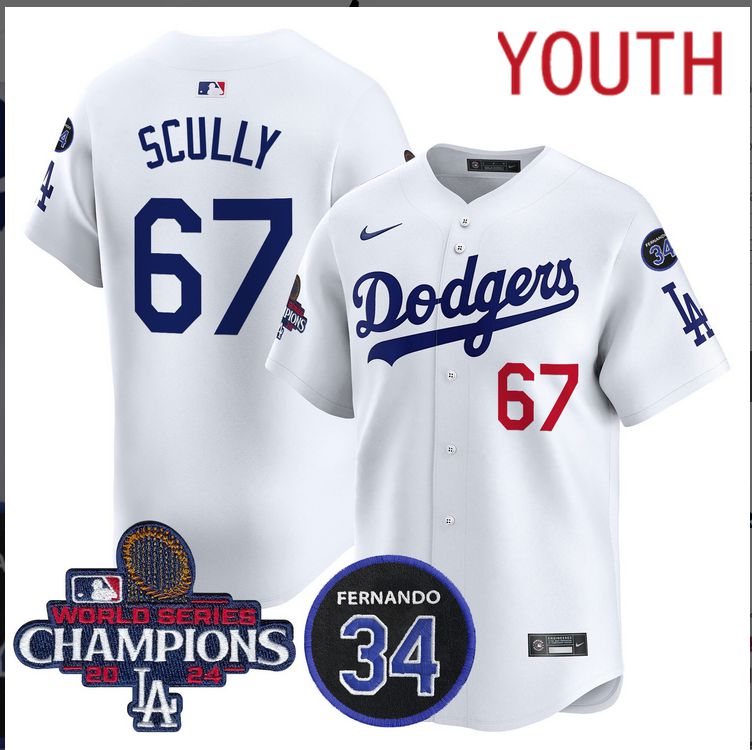 Youth MLB Los Angeles Dodgers 67 Scully white 2024 World Series Champions Patch Limited Jersey